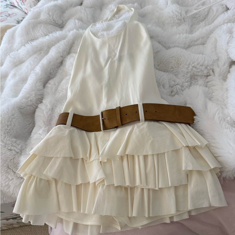 Zara Cream Backless Halter Dress with Brown Belt - Picture 2 of 2